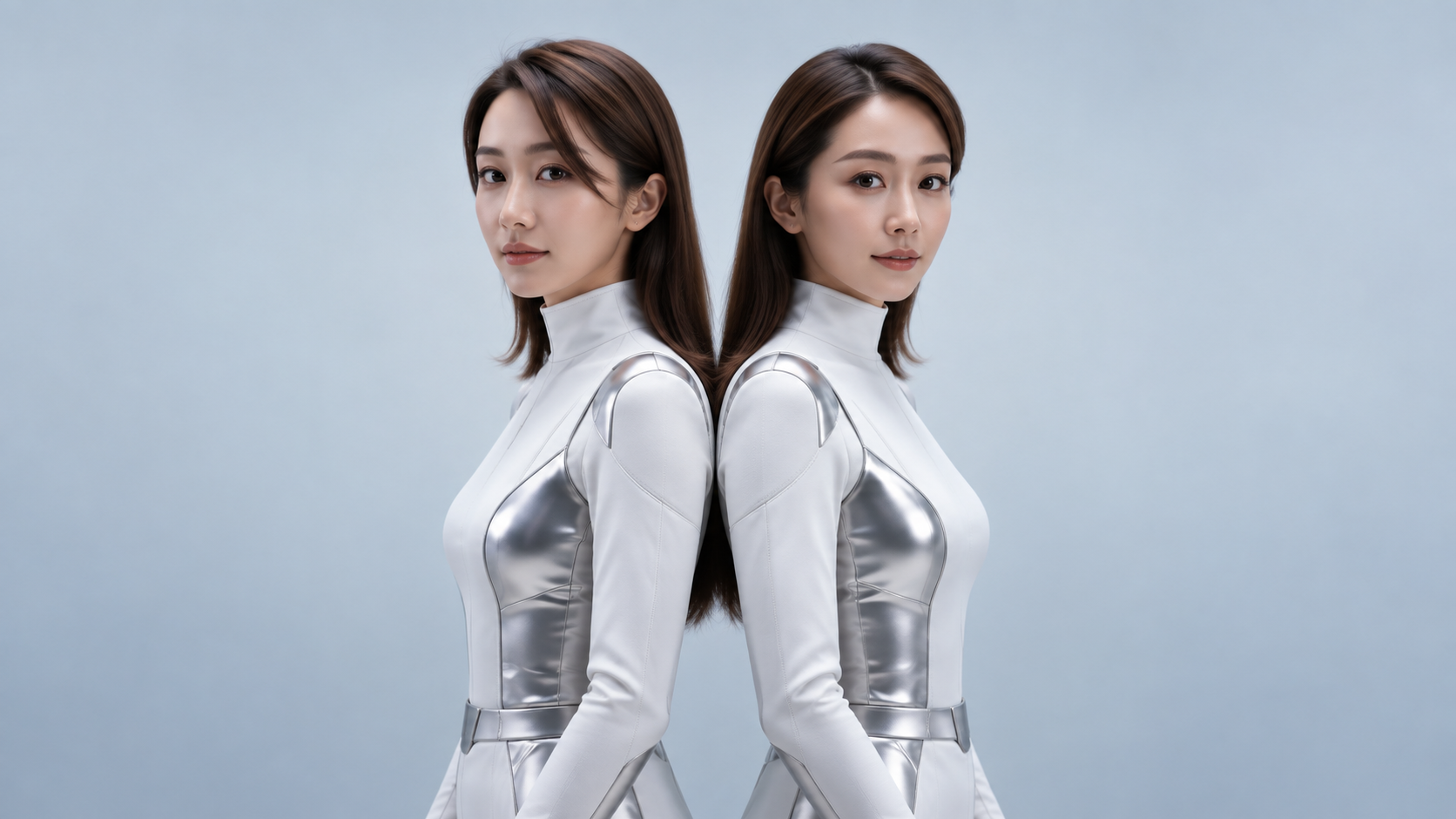两位银白服装女性仿生人背靠背,形象定制概念图